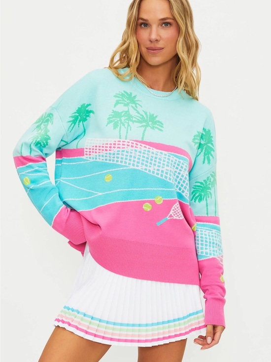 Beach Riot Sweaters - Beach Riot Pink & Aqua Palm Tennis Graphic Crewneck Sweater